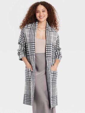 A New Day Gray Plaid Long Cardigan Sweater